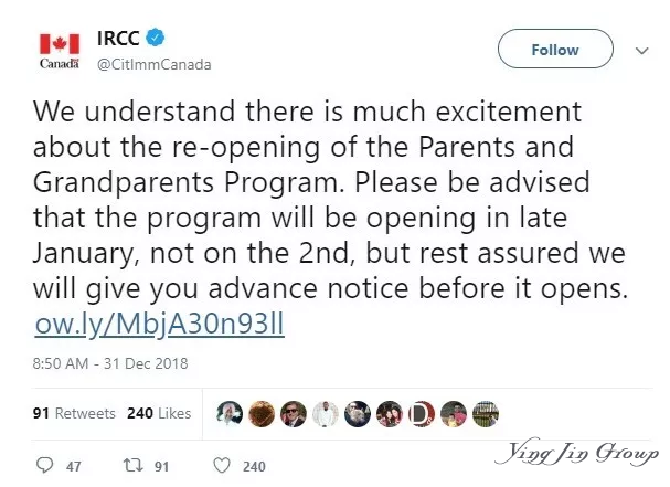 2019年加拿大父母团聚移民本月重新开启，增加到20000个名额