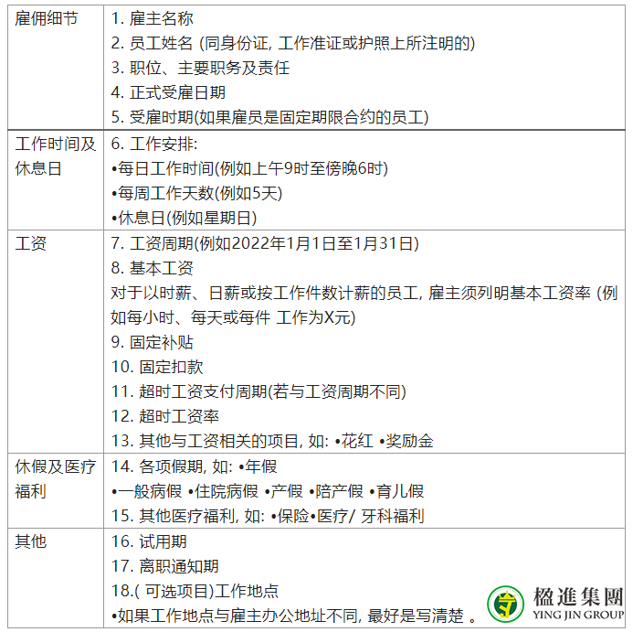 新加坡公司的基本雇佣条件